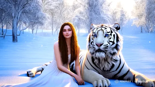 Enchanted Winter: Woman and White Tiger in Serene Snowy Forest – AI Generated Video | Hailuo AI