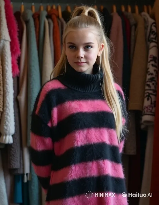 Shy Blonde Girl in Cozy Striped Sweater Dress – AI Generated Video | Hailuo AI