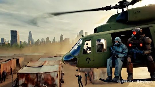 Helicopter Escape from Post-Apocalyptic Camp – AI Generated Video | Hailuo AI