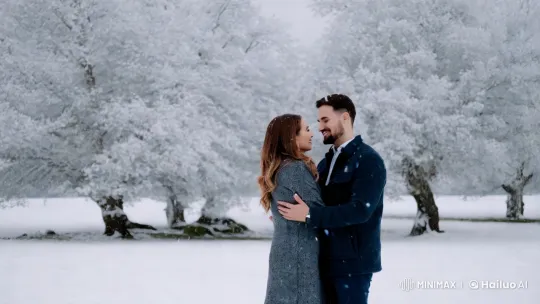 Winter Embrace: A Couple's Intimate Kiss in Snow – AI Generated Video | Hailuo AI
