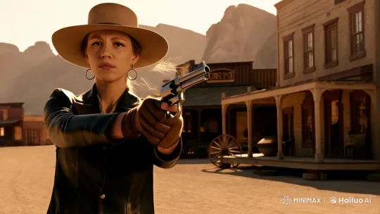 Young Woman in Wild West Standoff Amidst Dusty Desert Town – AI Generated Video | Hailuo AI