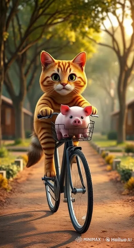 Adorable Orange Tabby Cat Rides Bicycle Peacefully – AI Generated Video | Hailuo AI