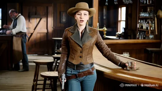 Rustic Saloon: Tough Cowboy Woman with Revolver – AI Generated Video | Hailuo AI