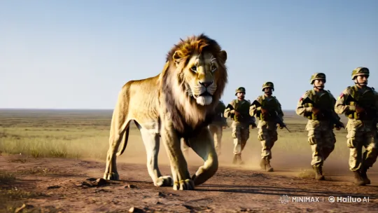 Lion Walks with Soldiers Across Golden Savanna – AI Generated Video | Hailuo AI