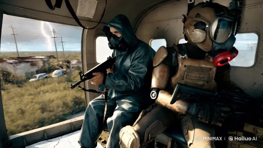 Wanderer and Robot in Post-Apocalyptic Helicopter Journey – AI Generated Video | Hailuo AI