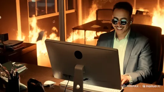 Young Man Calmly Types Amidst Office Inferno – AI Generated Video | Hailuo AI