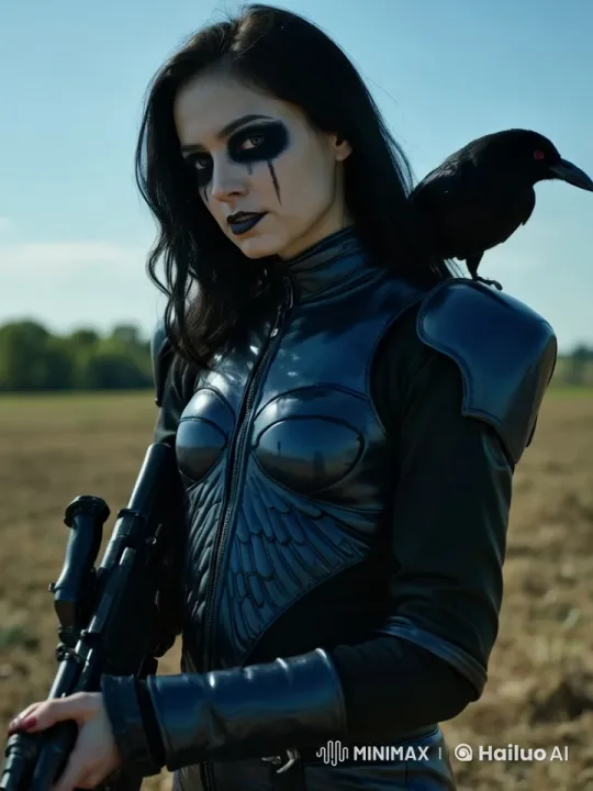 Futuristic Warrior in Black Suit with Crow Amidst Field – AI Generated Video | Hailuo AI