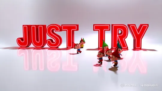 Contrast of Bold Letters and Playful Dwarfs in Minimalist Setting – AI Generated Video | Hailuo AI