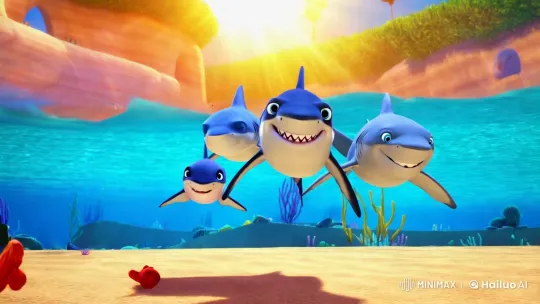 Vibrant 3D Animated Shark Family Journeys from Ocean to Beach – AI Generated Video | Hailuo AI