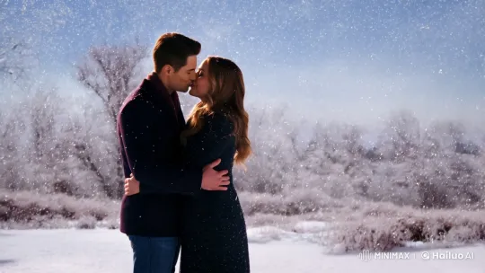Couple Embraces in Serene Snowfall with Intimate Tracking Shot – AI Generated Video | Hailuo AI
