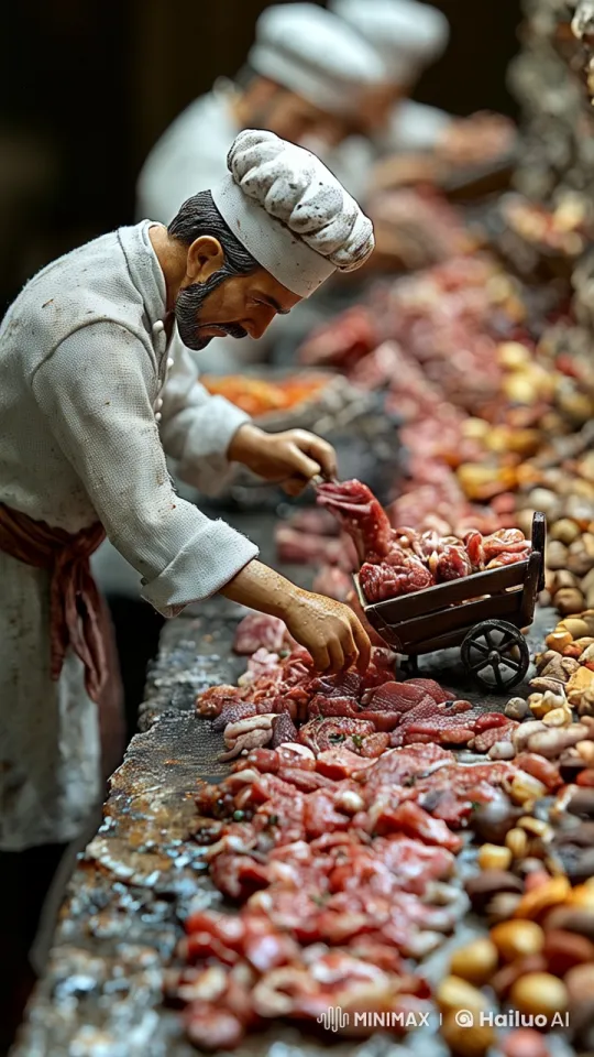 Chef's Precision: Seasoned Meat Handling in Animated Kitchen – AI Generated Video | Hailuo AI