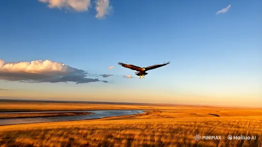 Bald Eagle Soars Over Serene Steppe and River – AI Generated Video | Hailuo AI