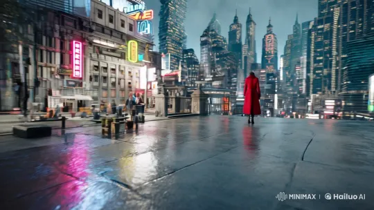 Vivid Cityscape: A Journey with the Red-Coated Protagonist – AI Generated Video | Hailuo AI