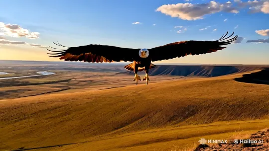 Eagle's Majestic Flight Over Golden Steppe at Dawn – AI Generated Video | Hailuo AI