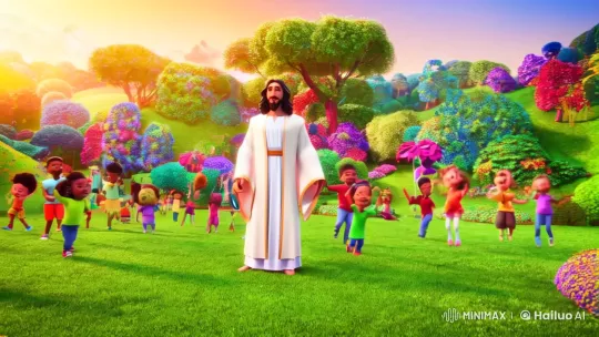 Joyful Encounter: Jesus with Diverse Children in Animated Landscape – AI Generated Video | Hailuo AI