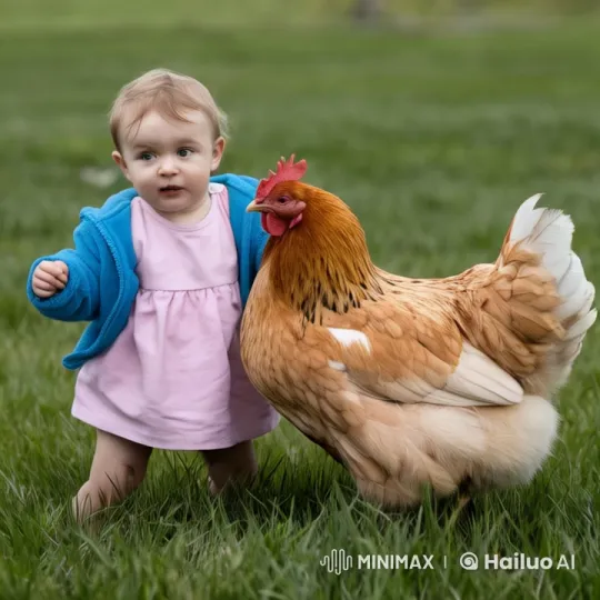 Child and Chicken Play Intensely in Grass Field – AI Generated Video | Hailuo AI
