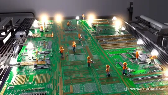 Futuristic Microscopic PCB Assembly with Diligent Workers – AI Generated Video | Hailuo AI