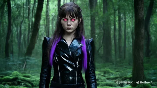 Mysterious Woman Glows Red Eyes in Enchanted Forest – AI Generated Video | Hailuo AI