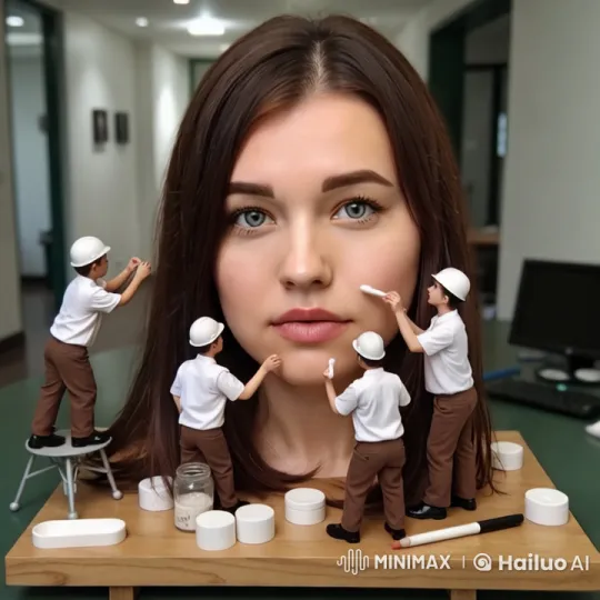 Miniature Scene: Hyper-Realistic Girl's Face Crafted by Tiny Workers – AI Generated Video | Hailuo AI
