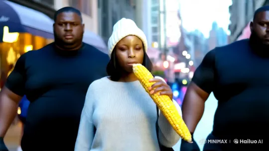 Graceful Woman with Corn in Urban Setting – AI Generated Video | Hailuo AI