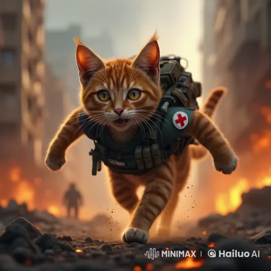 Tabby Cat in Military Vest Races Through War-Torn Streets – AI Generated Video | Hailuo AI