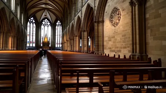 Hereford Cathedral's Majestic Interior with Stained Glass and Stone Symbol – AI Generated Video | Hailuo AI