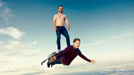 Man 'Hoverboards' on Another's Back in Surreal Sky Scene – AI Generated Video | Hailuo AI