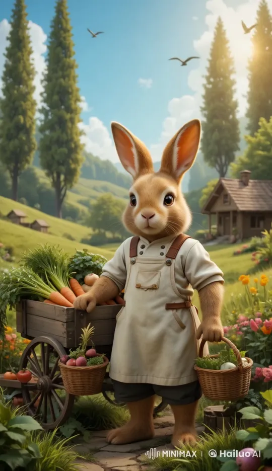 Rabbit Gathers Fresh Produce in Peaceful Countryside – AI Generated Video | Hailuo AI