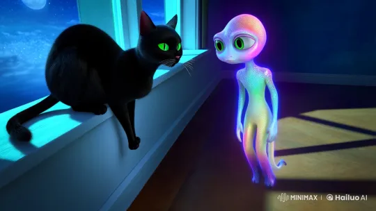Mystical Encounter: Cat and Alien in Moonlit Dialogue – AI Generated Video | Hailuo AI