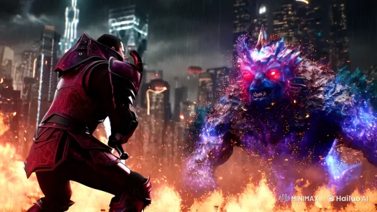 Cyber-Knight vs. Quantum Monster in Cinematic Clash – AI Generated Video | Hailuo AI