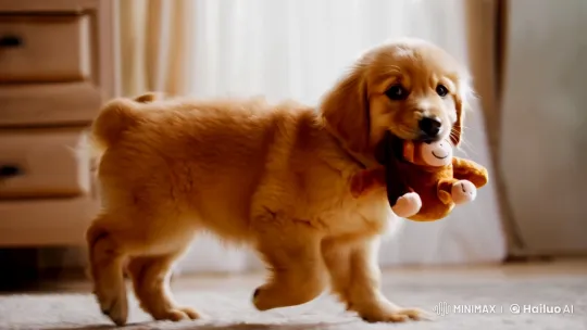 Golden Retriever Puppy Plays with Plush Toy in Cozy Home – AI Generated Video | Hailuo AI