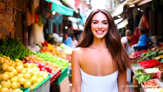 Wealthy Woman's Elegant Stroll Through Vibrant Market – AI Generated Video | Hailuo AI