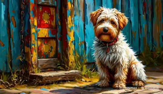Fluffy Dog on Pathway Amidst Colorful Artistic Door – AI Generated Video | Hailuo AI