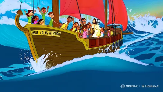 Jesus Calms the Storm: Animated Cartoon Scene – AI Generated Video | Hailuo AI