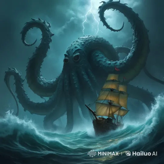Stormy Sea: Live2D Kraken Engulfs Sailing Ship – AI Generated Video | Hailuo AI