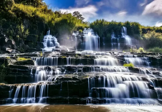 Tranquil Multi-Tiered Waterfall in Lush Greenery – AI Generated Video | Hailuo AI