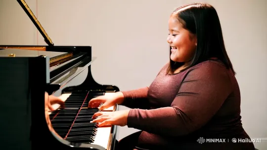 Radiant Pianist Captivates in Static Cinematic Shot – AI Generated Video | Hailuo AI