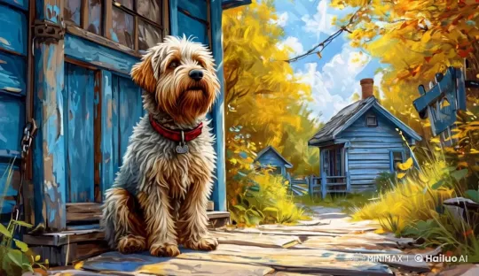 Autumn Countryside: Joyful Dog by Rustic Cabin – AI Generated Video | Hailuo AI