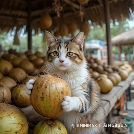 Tabby Cat Playfully Interacts with Coconut in Rural Market – AI Generated Video | Hailuo AI