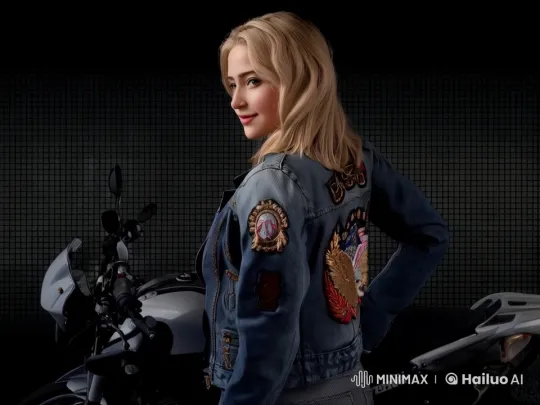 Stylish Woman Prepares for Night Ride on Motorcycle – AI Generated Video | Hailuo AI