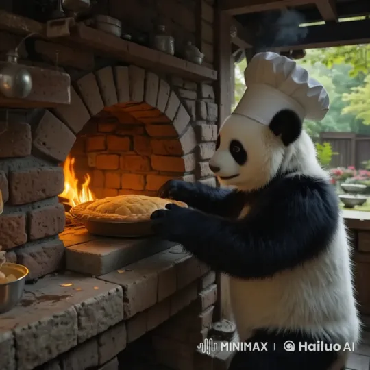 Panda Chef Cooking Pizza in Rustic Brick Oven – AI Generated Video | Hailuo AI