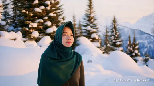 Woman in Hijab Walks Through Snowy Mountainscape – AI Generated Video | Hailuo AI