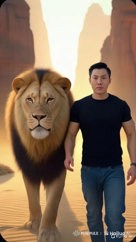 Young Man Walks with Lion in Desert Sunrise Cinematic – AI Generated Video | Hailuo AI