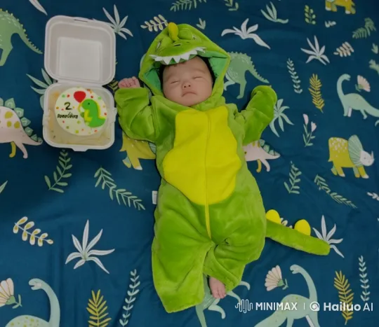Baby Celebrates 2 Months in Dinosaur Costume – AI Generated Video | Hailuo AI