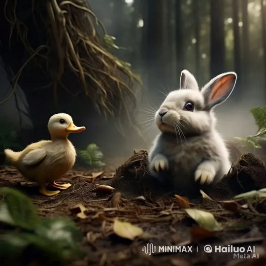 Fluffy Rabbit Stuck, Concerned Duck Assists in Misty Forest – AI Generated Video | Hailuo AI