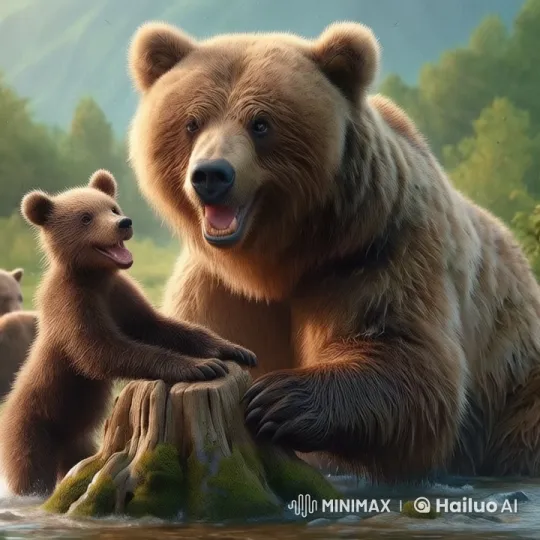 Realistic Live2D Bear and Cub in Serene Stream Setting – AI Generated Video | Hailuo AI