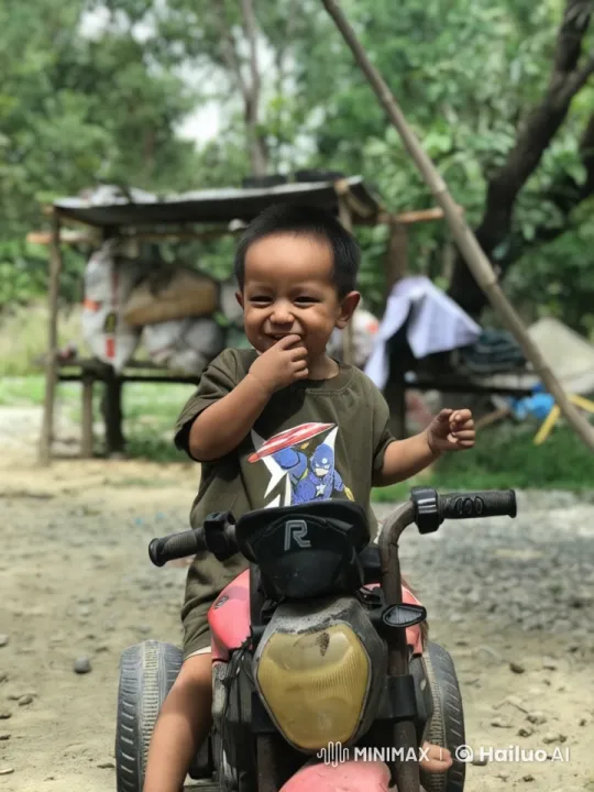 Child Enjoys Playful Dance and Punching on Toy Motorcycle – AI Generated Video | Hailuo AI