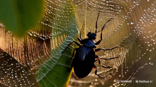 Dewy Morning Struggle: Beetle in a Glistening Web – AI Generated Video | Hailuo AI
