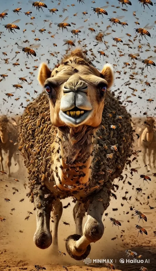 Distressed Camel Flees Swarm of Bees in Desert Chaos – AI Generated Video | Hailuo AI