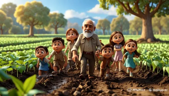 Elderly Man Leads Children in Joyful Walk Through Countryside – AI Generated Video | Hailuo AI